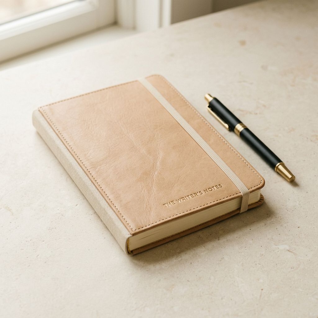 Minimal creative workspace with premium notebook and pen