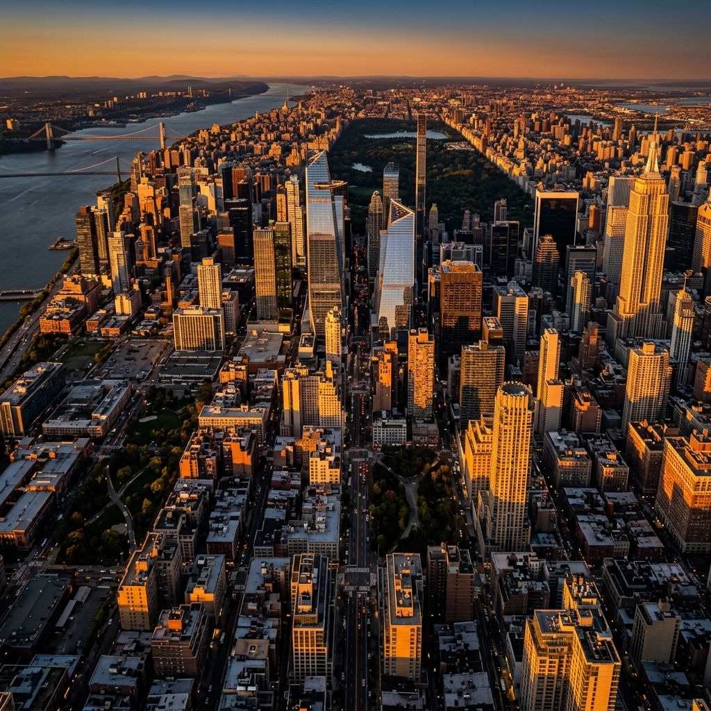 Modern cityscape at golden hour with architectural lines